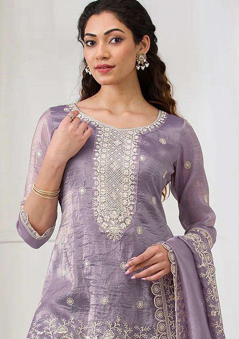 Lavender Sequin Work Crepe Sharara Set - Indya