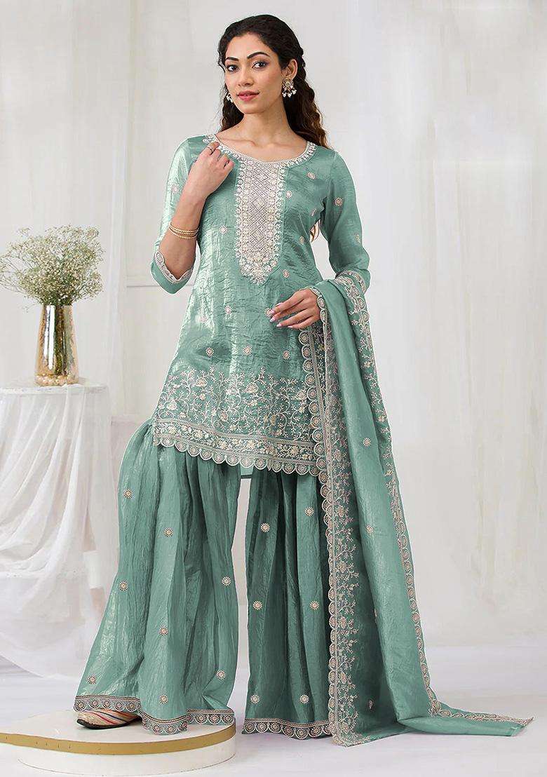 Sea Sequin Work Crepe Sharara Set - Indya