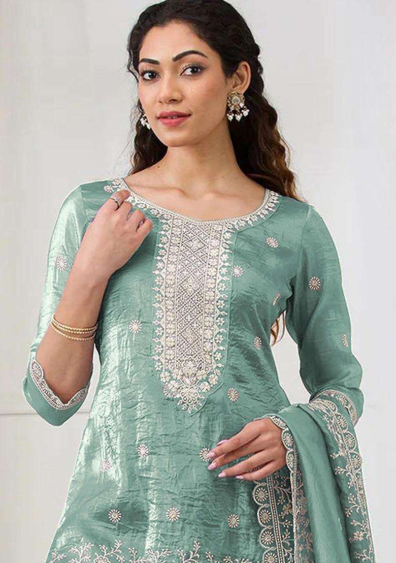Sea Sequin Work Crepe Sharara Set - Indya