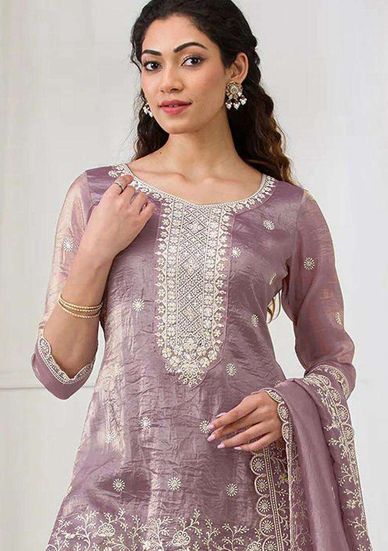 Lavender Sequin Work Crepe Sharara Set - Indya