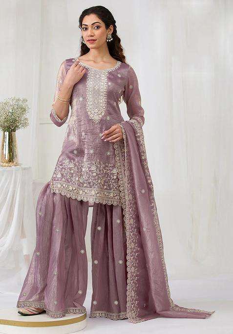 Lavender Sequin Work Crepe Sharara Set