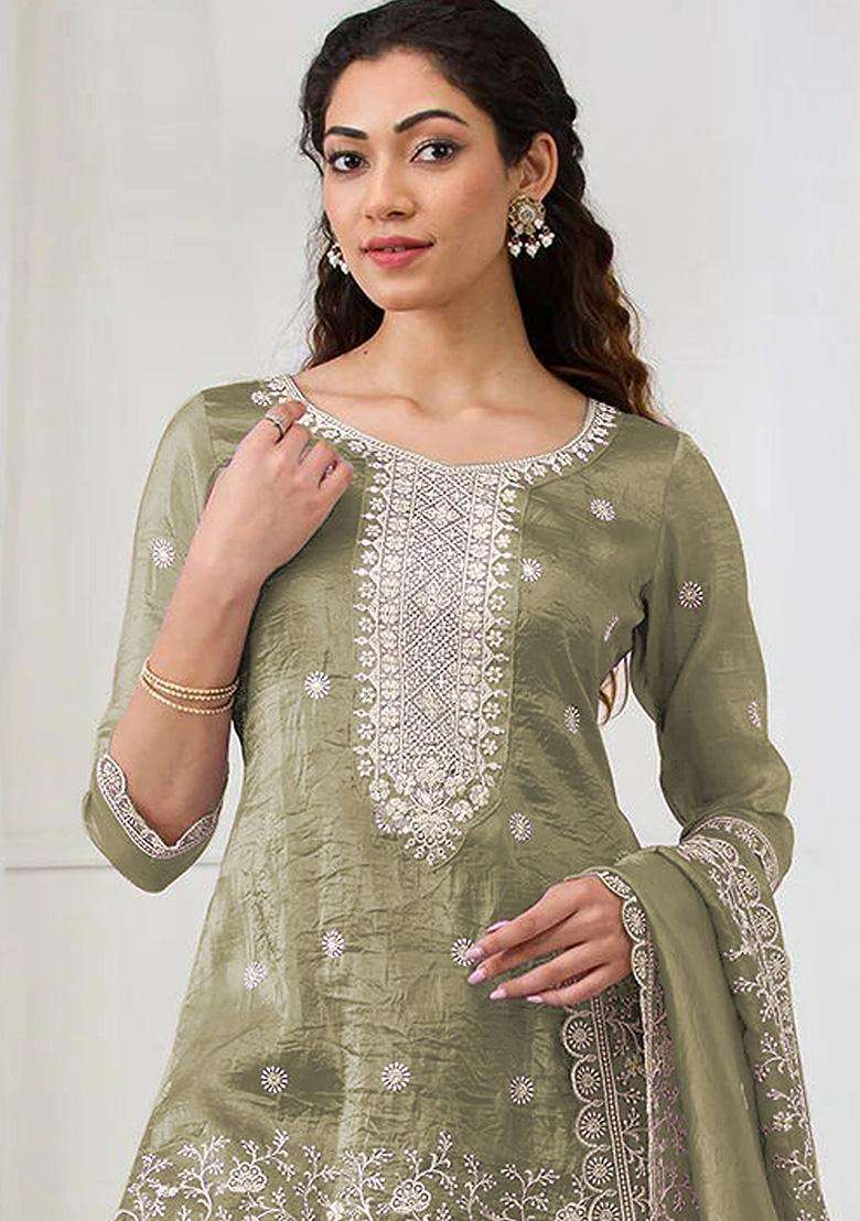 Olive Sequin Work Crepe Sharara Set - Indya