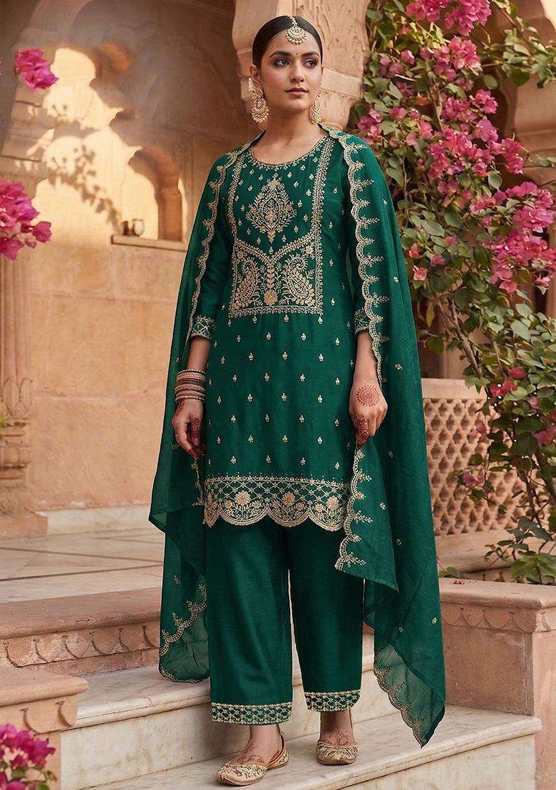 Dark Sequin Work Silk Sharara Set - Indya