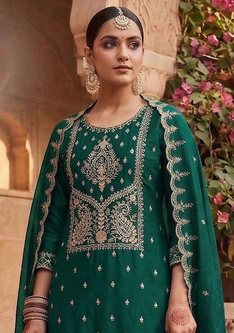 Dark Sequin Work Silk Sharara Set - Indya