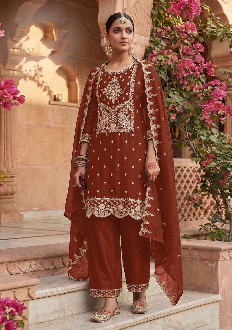 Rust Sequin Work Silk Sharara Set - Indya