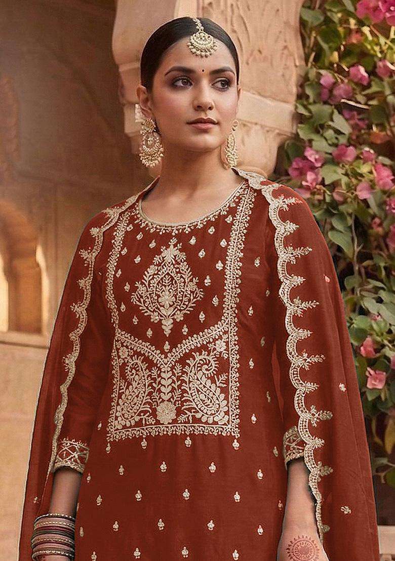Rust Sequin Work Silk Sharara Set - Indya