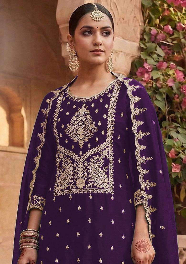Purple Sequin Work Silk Sharara Set - Indya