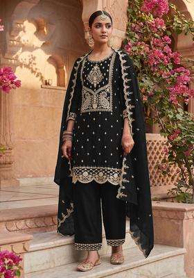Black Sequin Work Silk Sharara Set