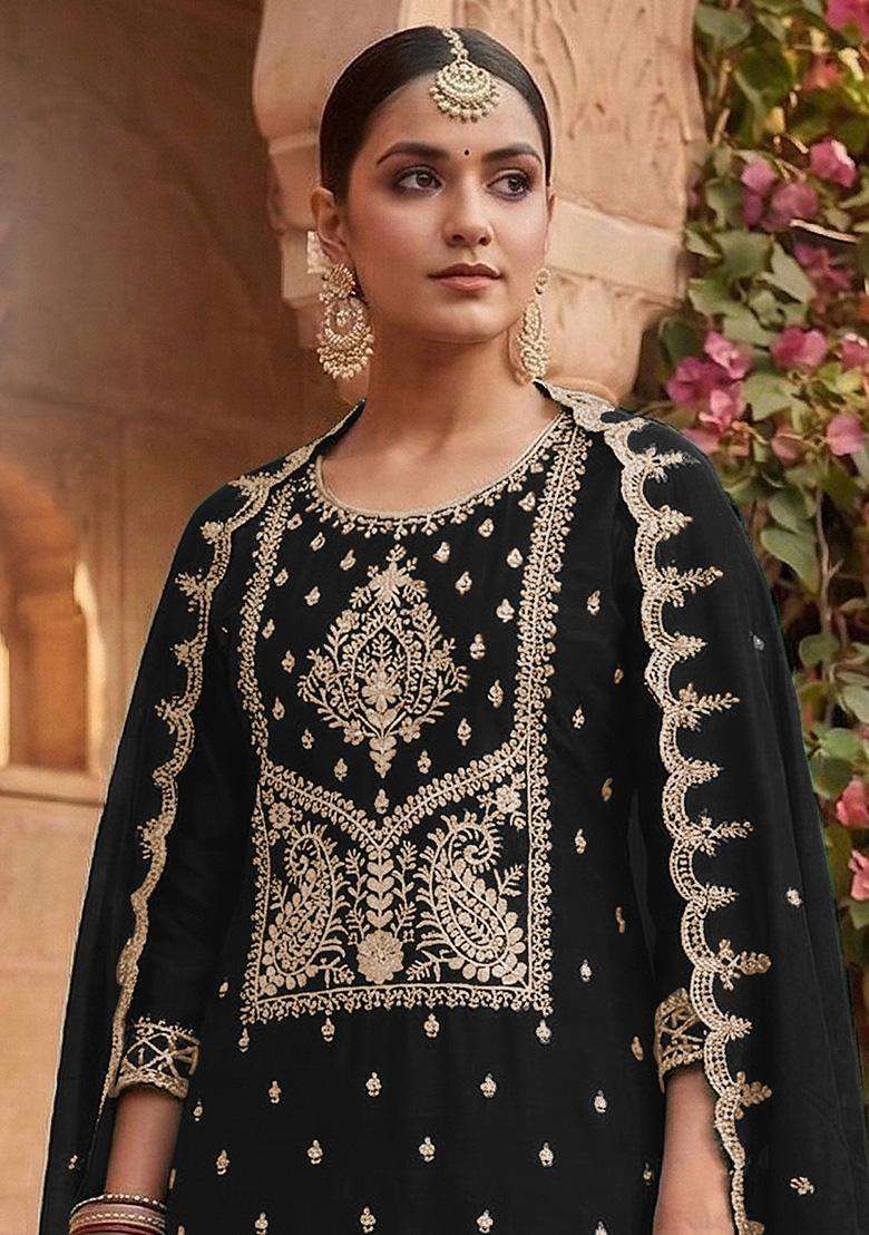 Black Sequin Work Silk Sharara Set - Indya