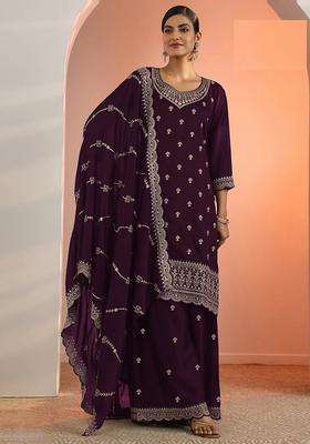 Purple Floral Print Georgette Palazzo Set
