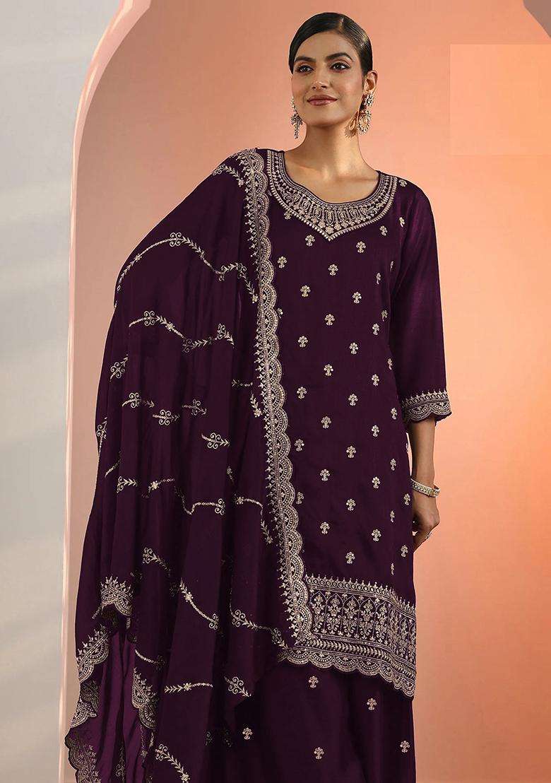 Purple Floral Print Georgette Palazzo Set - Indya