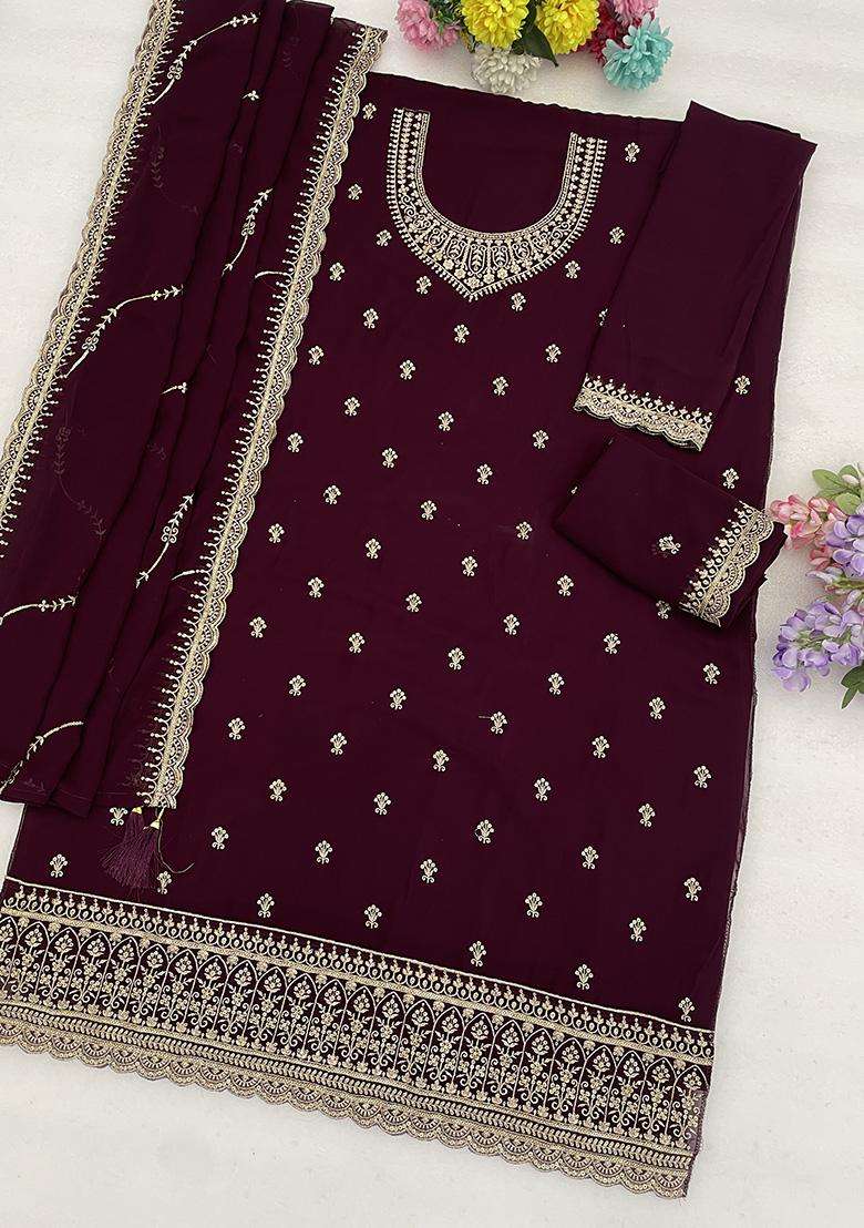 Purple Floral Print Georgette Palazzo Set - Indya