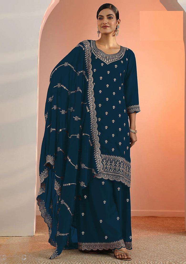 Teal Floral Print Georgette Palazzo Set - Indya