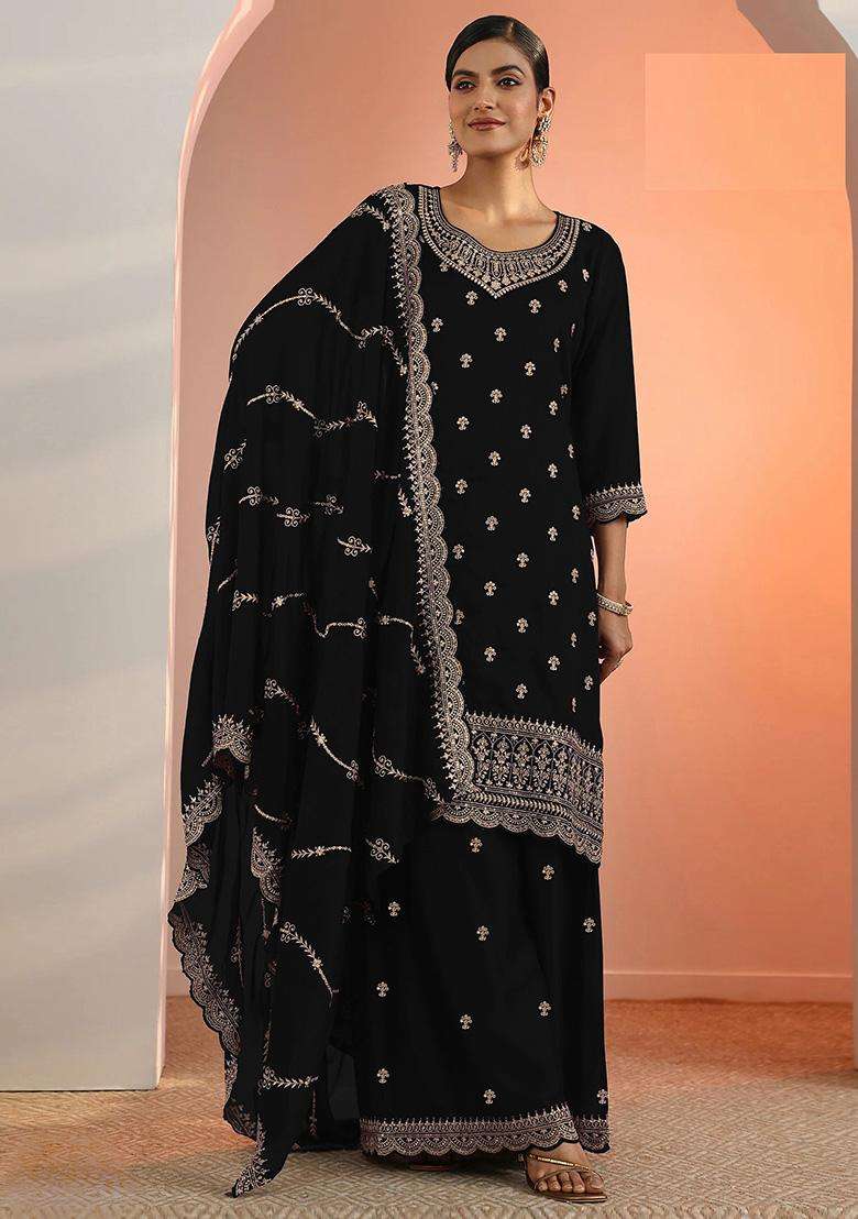 Black Floral Print Georgette Palazzo Set - Indya