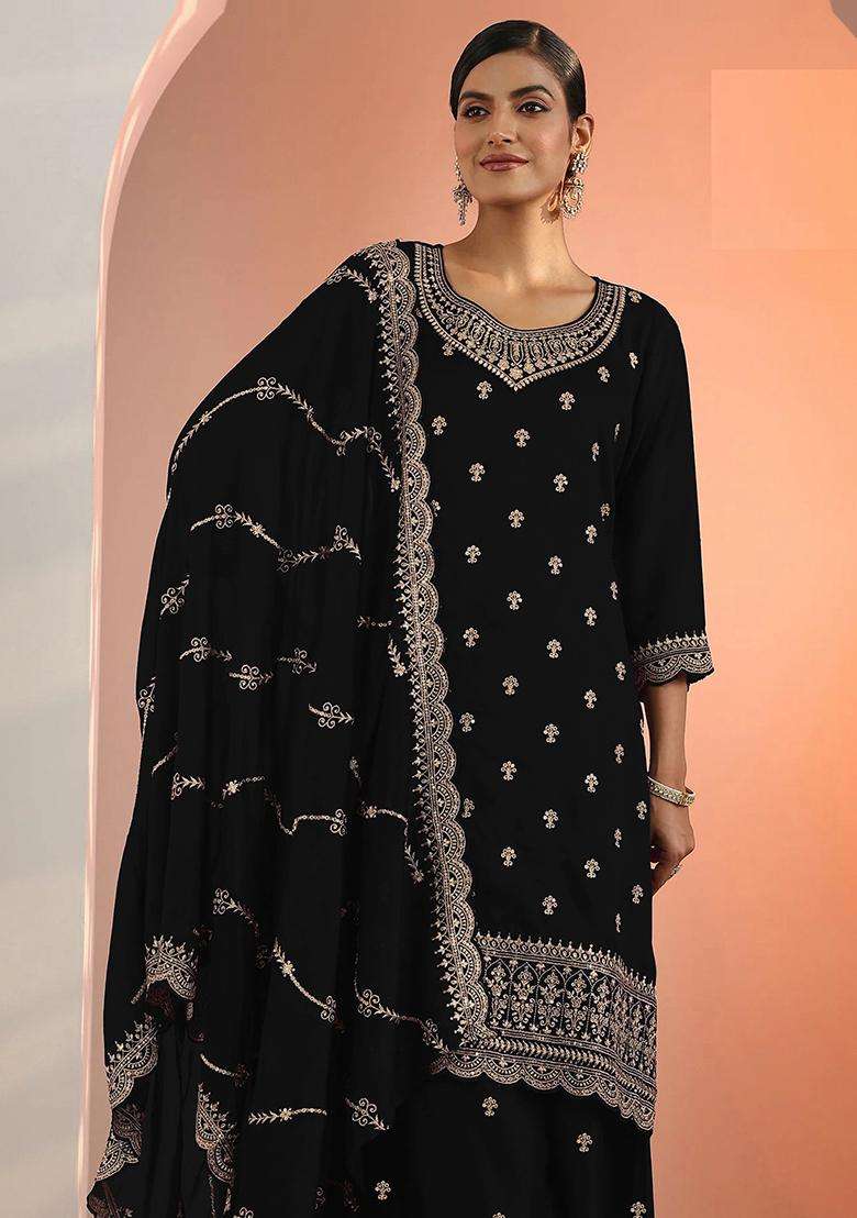 Black Floral Print Georgette Palazzo Set - Indya