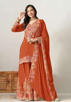 Rust Sequin Work Silk Palazzo Set