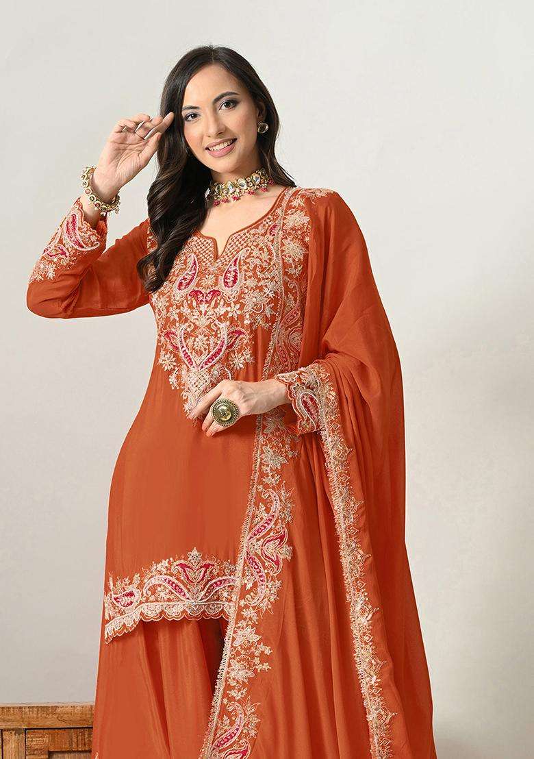 Rust Sequin Work Silk Palazzo Set - Indya