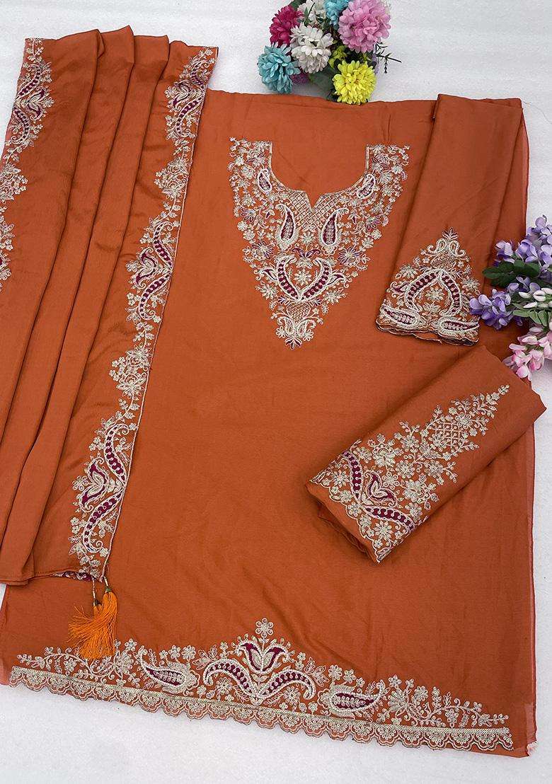 Rust Sequin Work Silk Palazzo Set - Indya