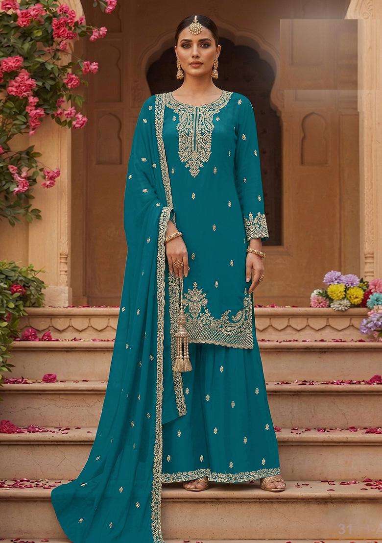 Teal Sequin Work Georgette Sharara Set - Indya