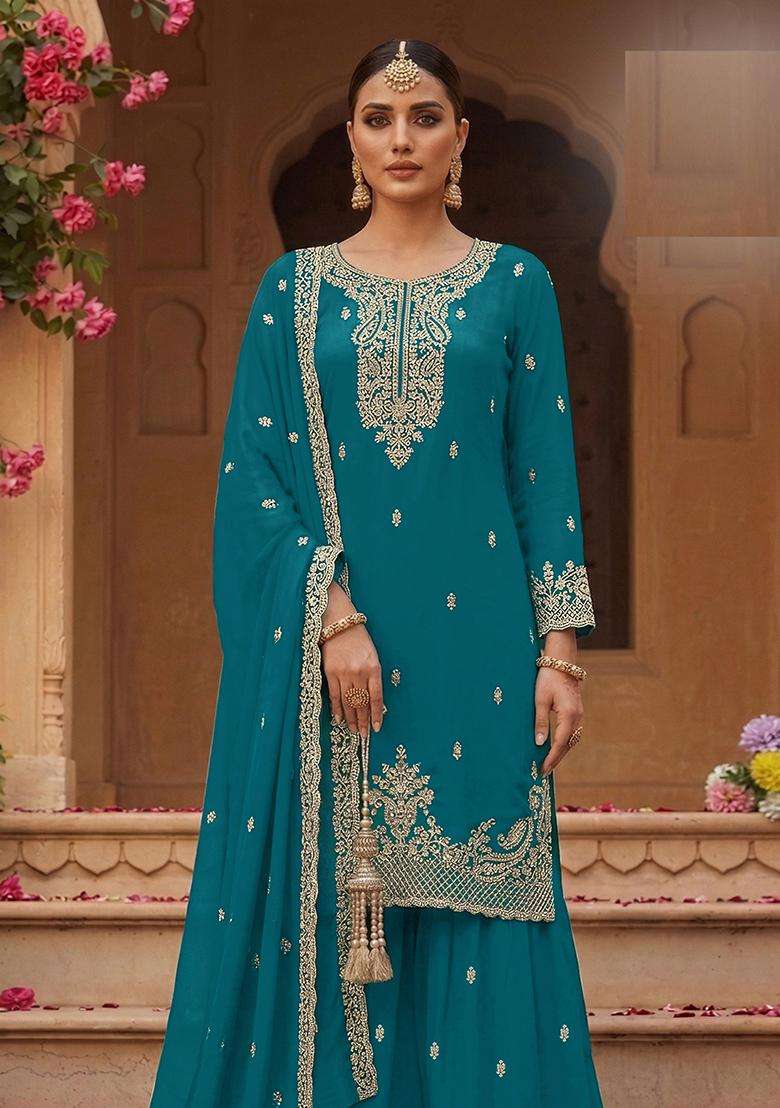 Teal Sequin Work Georgette Sharara Set - Indya
