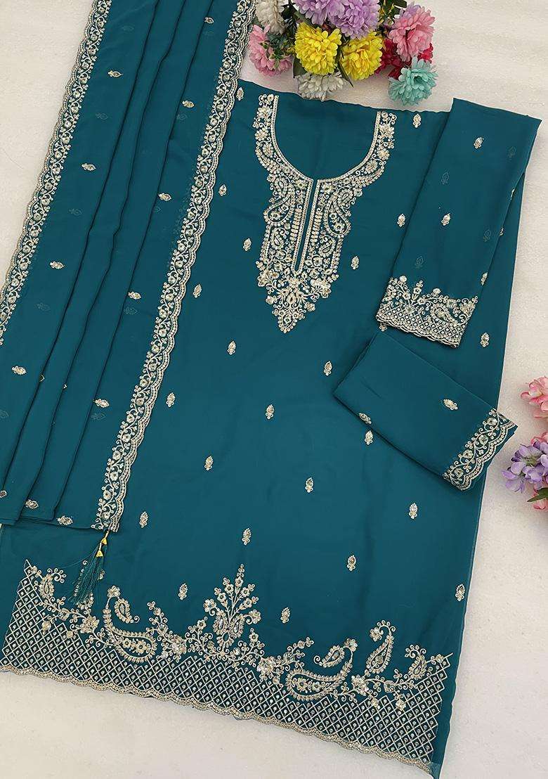 Teal Sequin Work Georgette Sharara Set - Indya