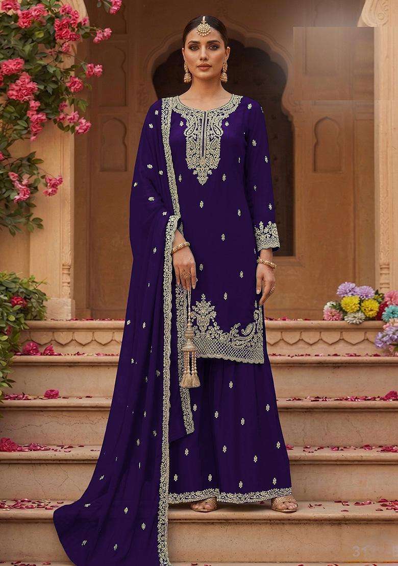 Purple Sequin Work Georgette Sharara Set - Indya