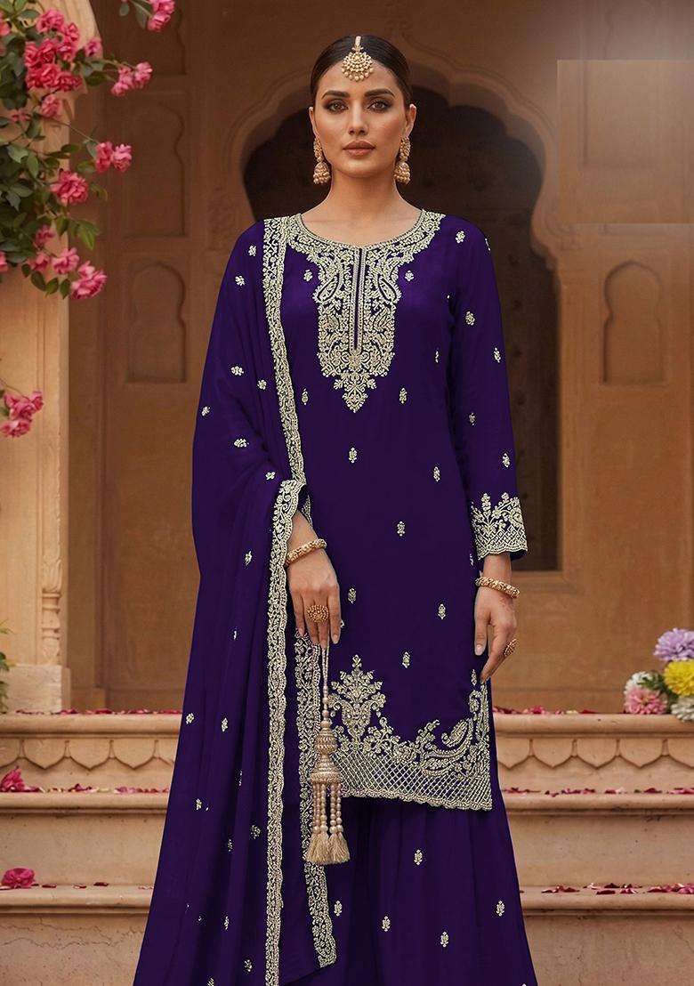 Purple Sequin Work Georgette Sharara Set - Indya