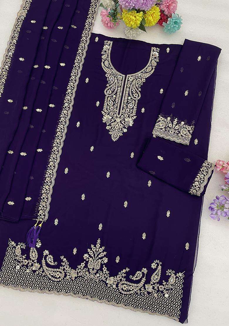 Purple Sequin Work Georgette Sharara Set - Indya