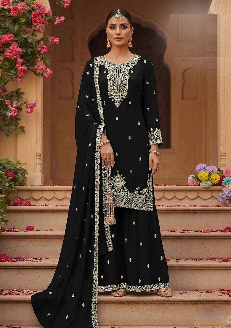 Black Sequin Work Georgette Sharara Set - Indya