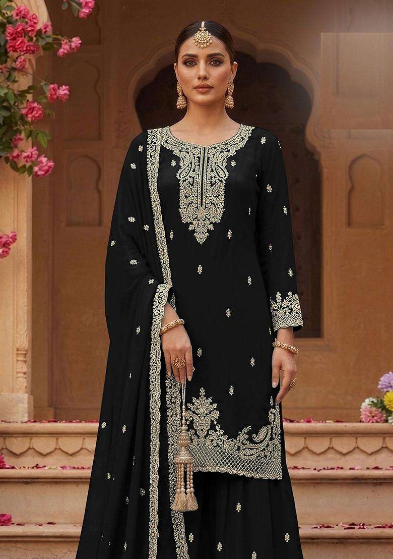 Black Sequin Work Georgette Sharara Set - Indya