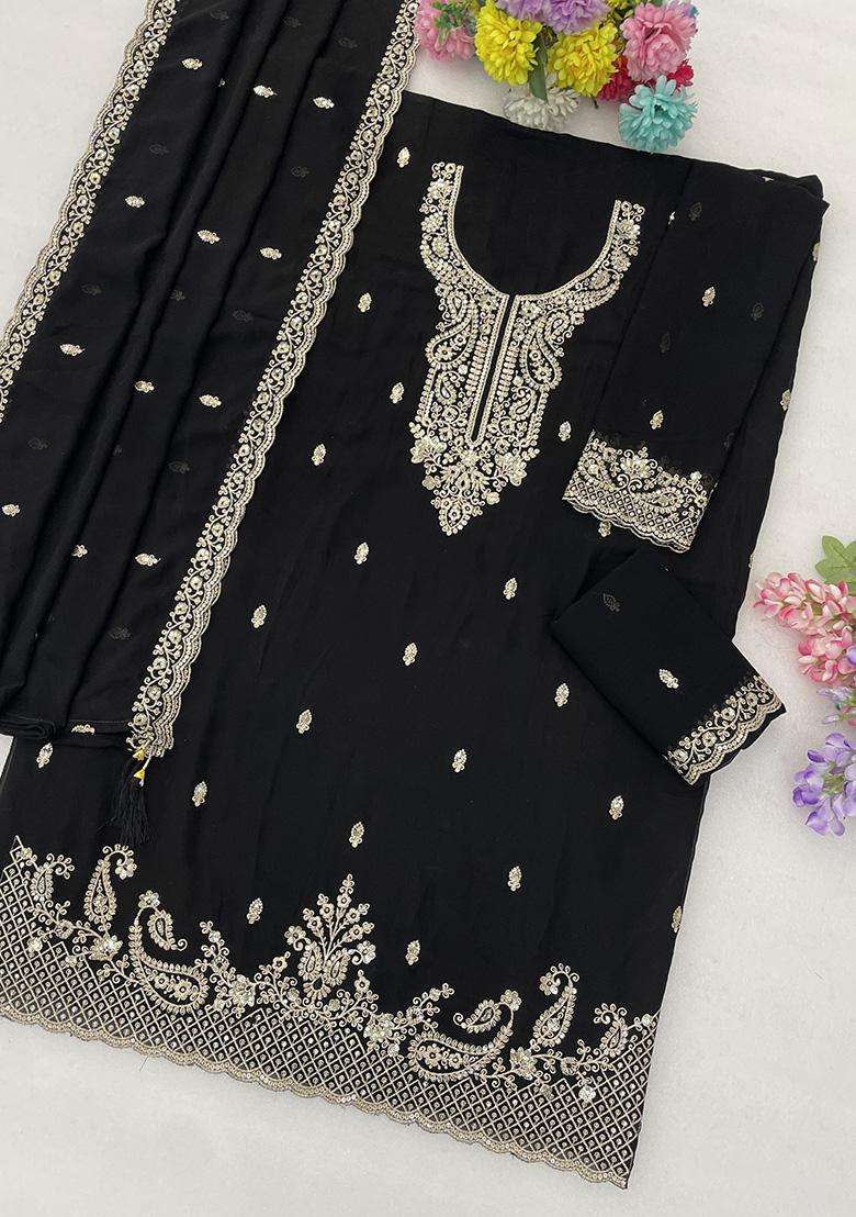 Black Sequin Work Georgette Sharara Set - Indya