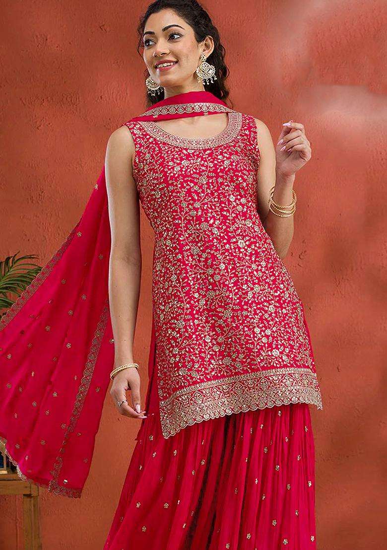 Red Embroidery Georgette Palazzo Set - Indya