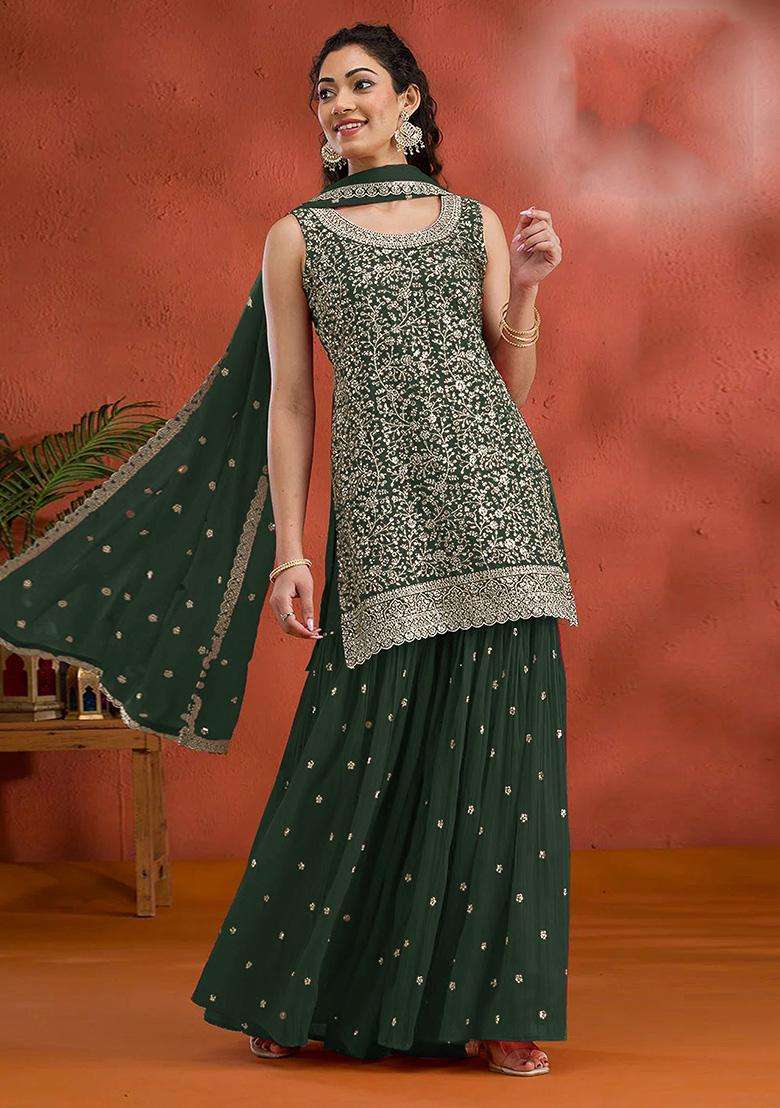 Green Embroidery Georgette Palazzo Set - Indya