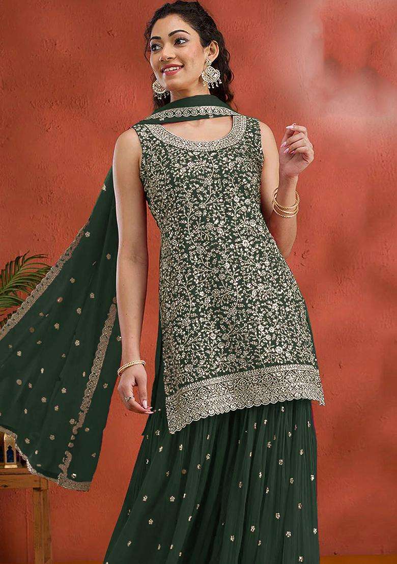 Green Embroidery Georgette Palazzo Set - Indya