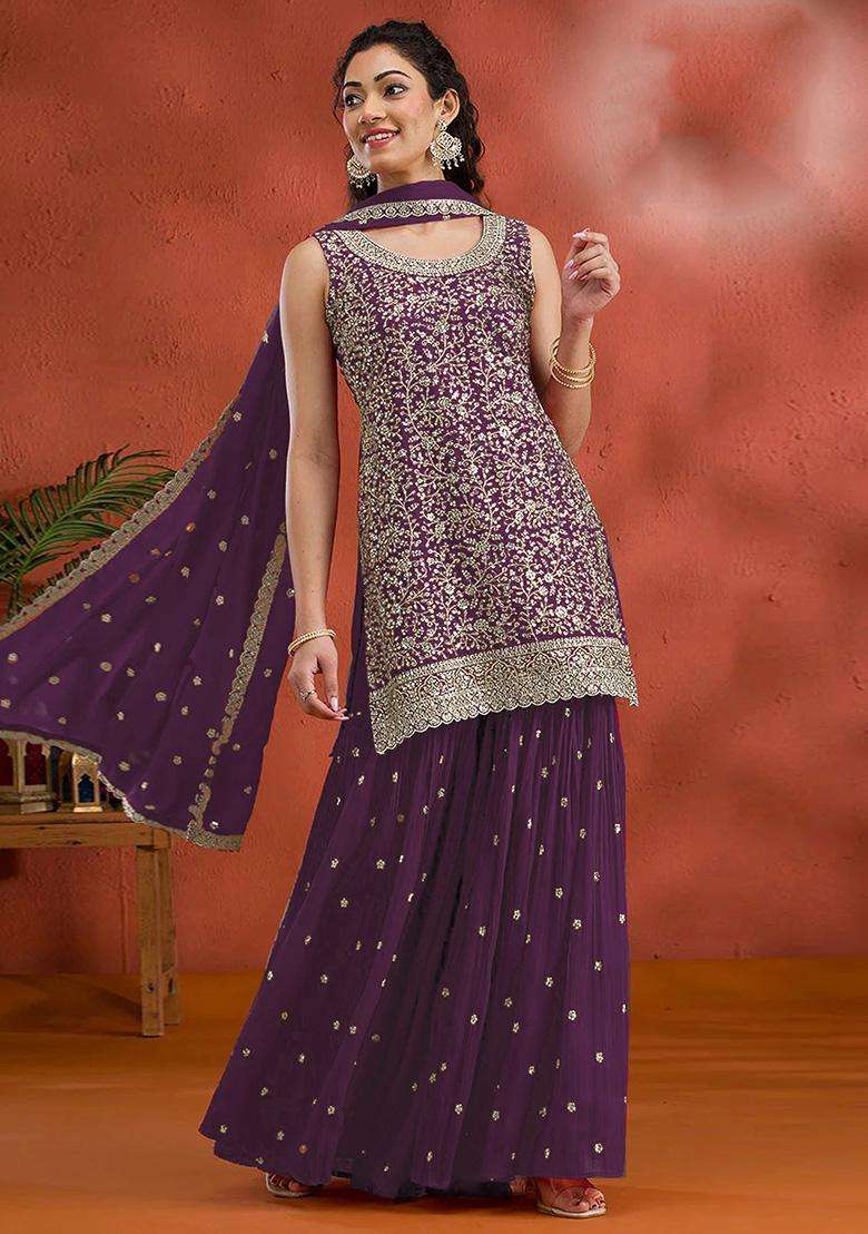 Purple Embroidery Georgette Palazzo Set - Indya
