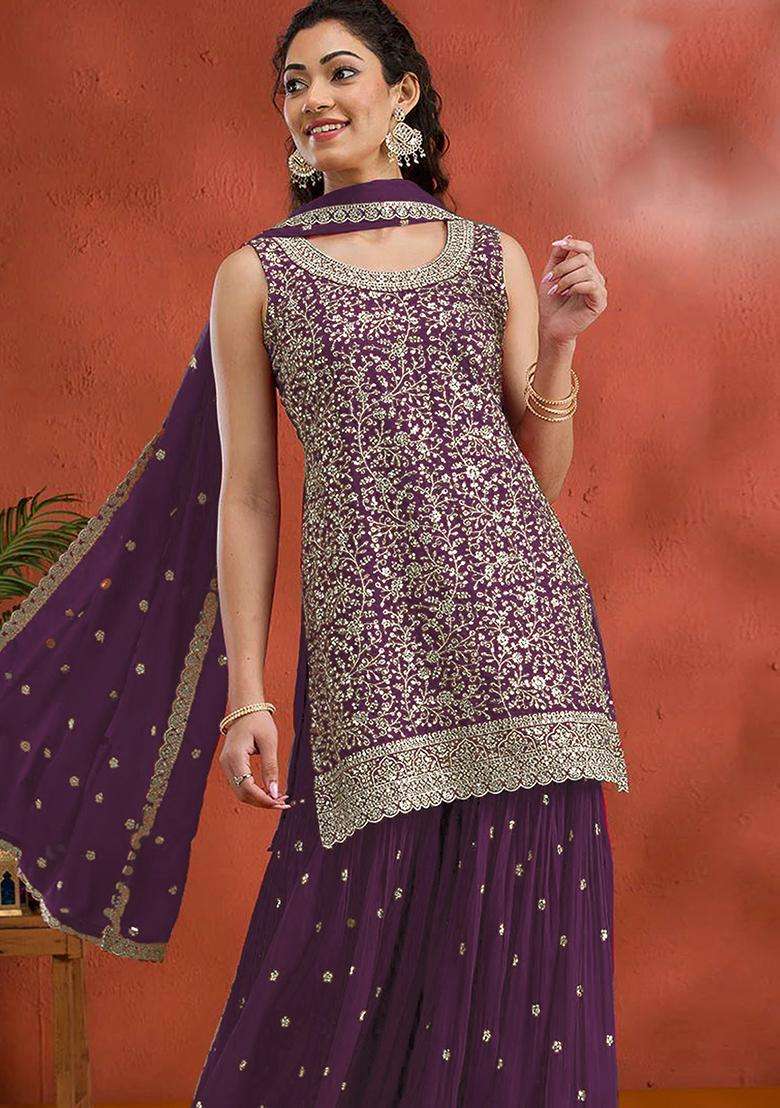 Purple Embroidery Georgette Palazzo Set - Indya