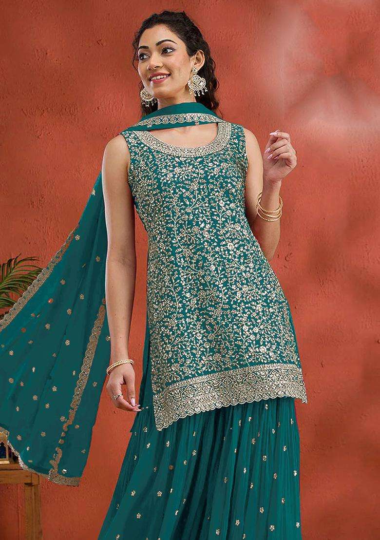 Blue Embroidery Georgette Palazzo Set - Indya