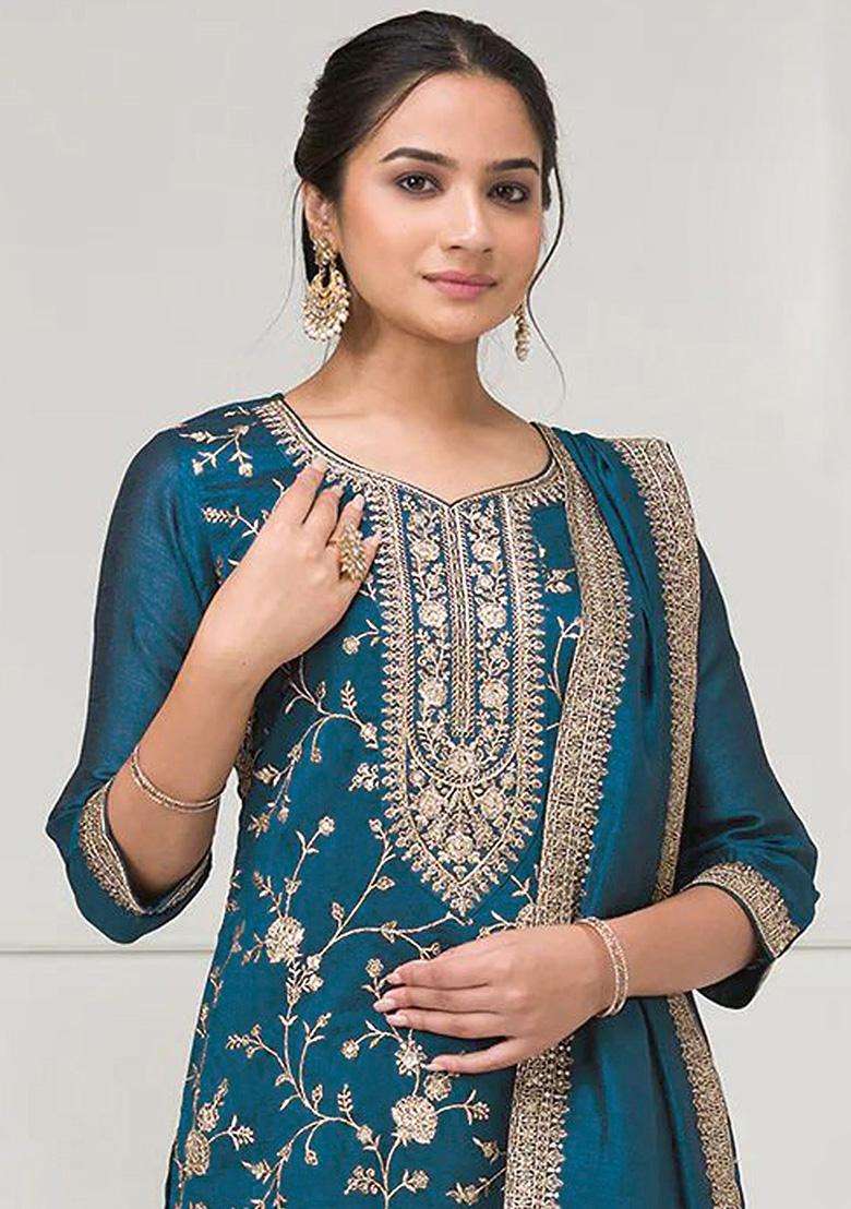 Peacock Embroidery Vichitra Palazzo Set - Indya
