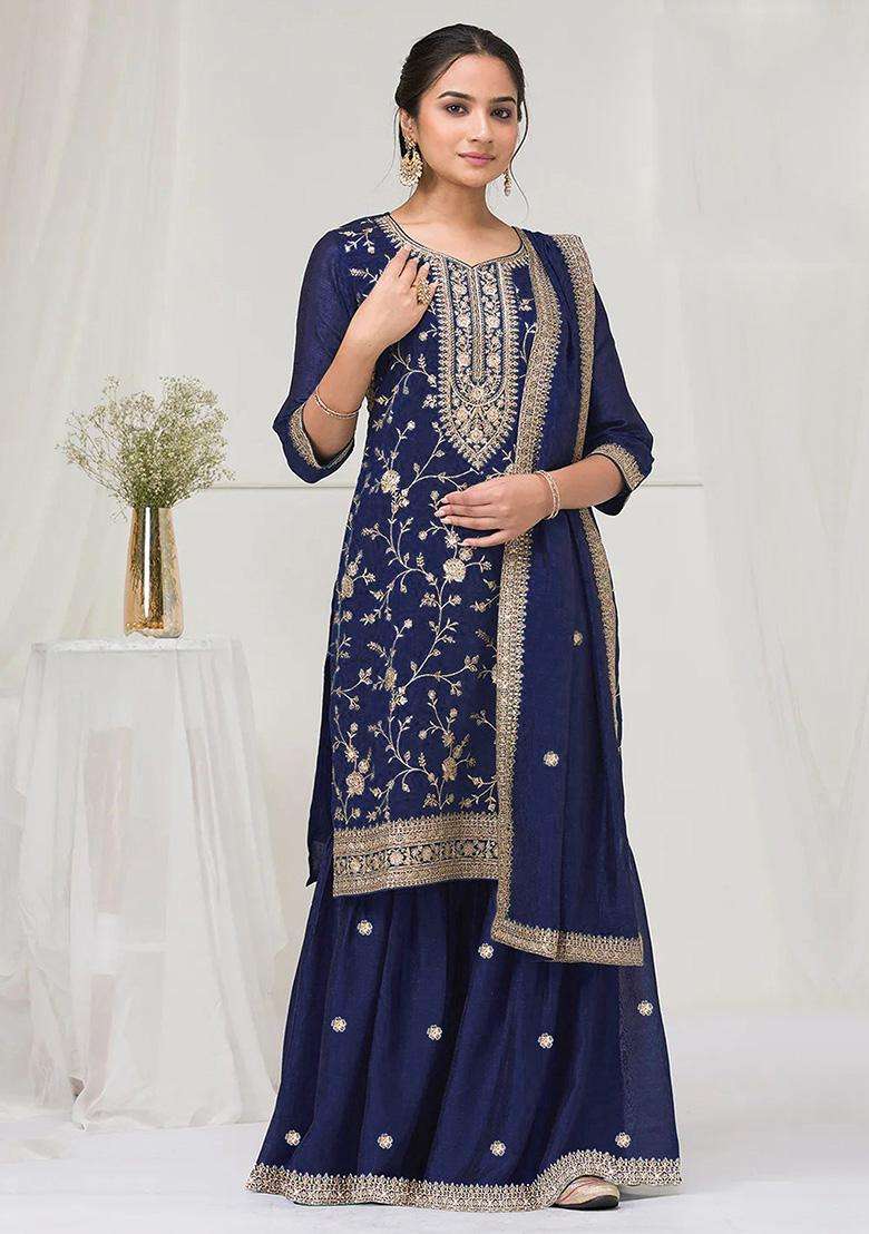 Navy Embroidery Vichitra Palazzo Set - Indya