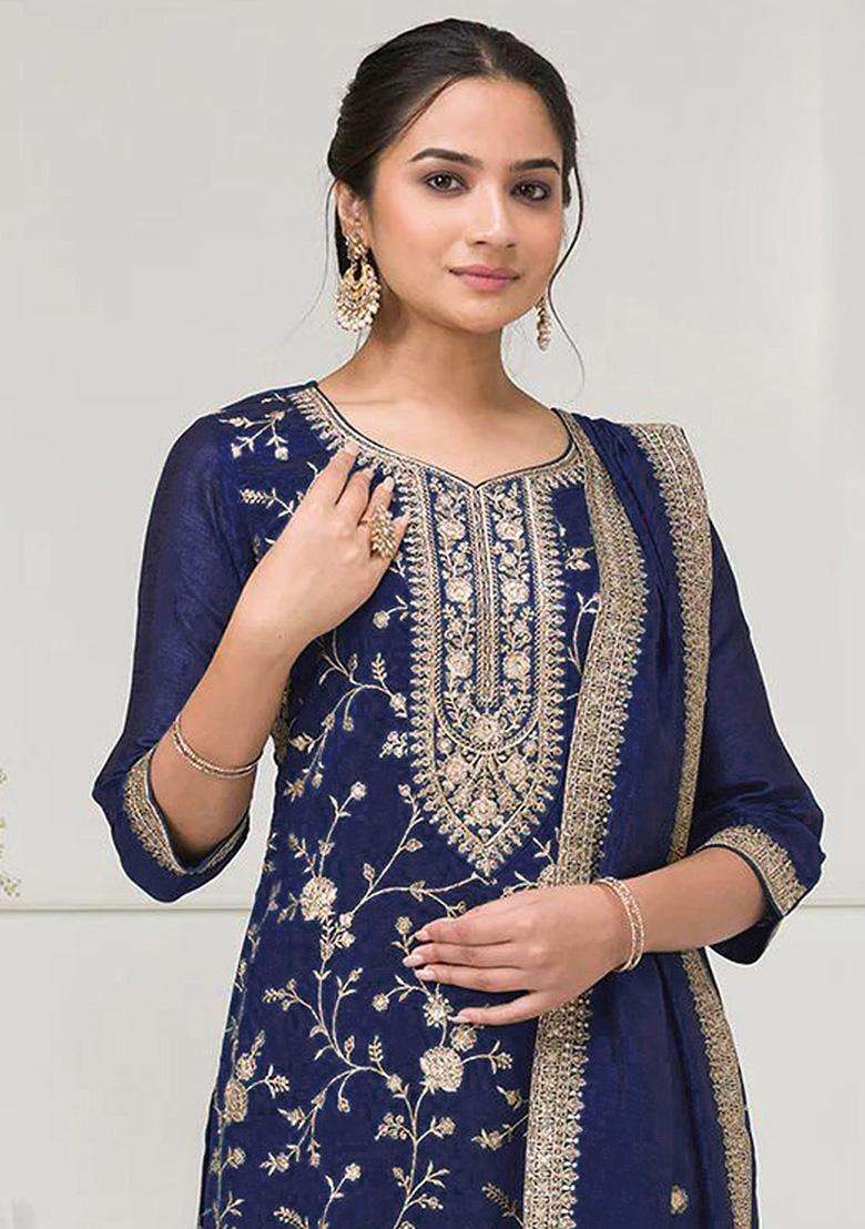 Navy Embroidery Vichitra Palazzo Set - Indya