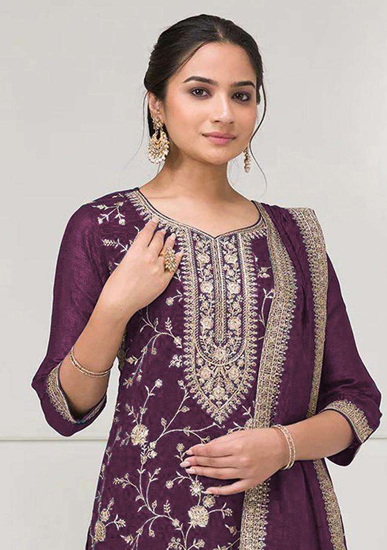 Deep Embroidery Vichitra Palazzo Set - Indya