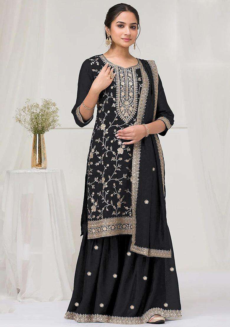 Black Embroidery Vichitra Palazzo Set - Indya