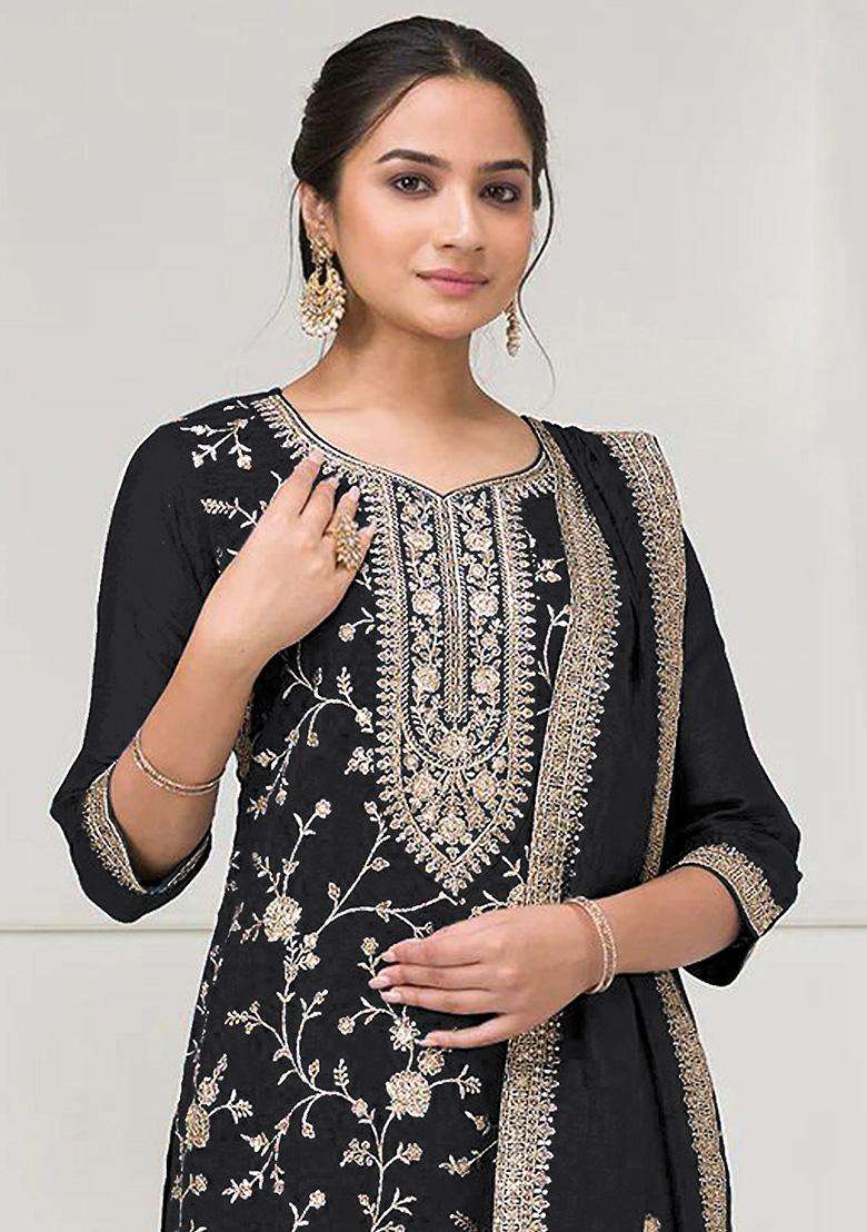 Black Embroidery Vichitra Palazzo Set - Indya