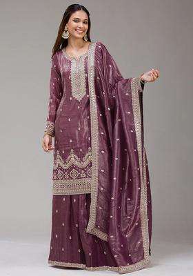 Wine Sequin Work Silk Palazzo Set