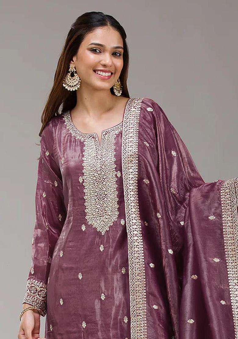 Wine Sequin Work Silk Palazzo Set - Indya