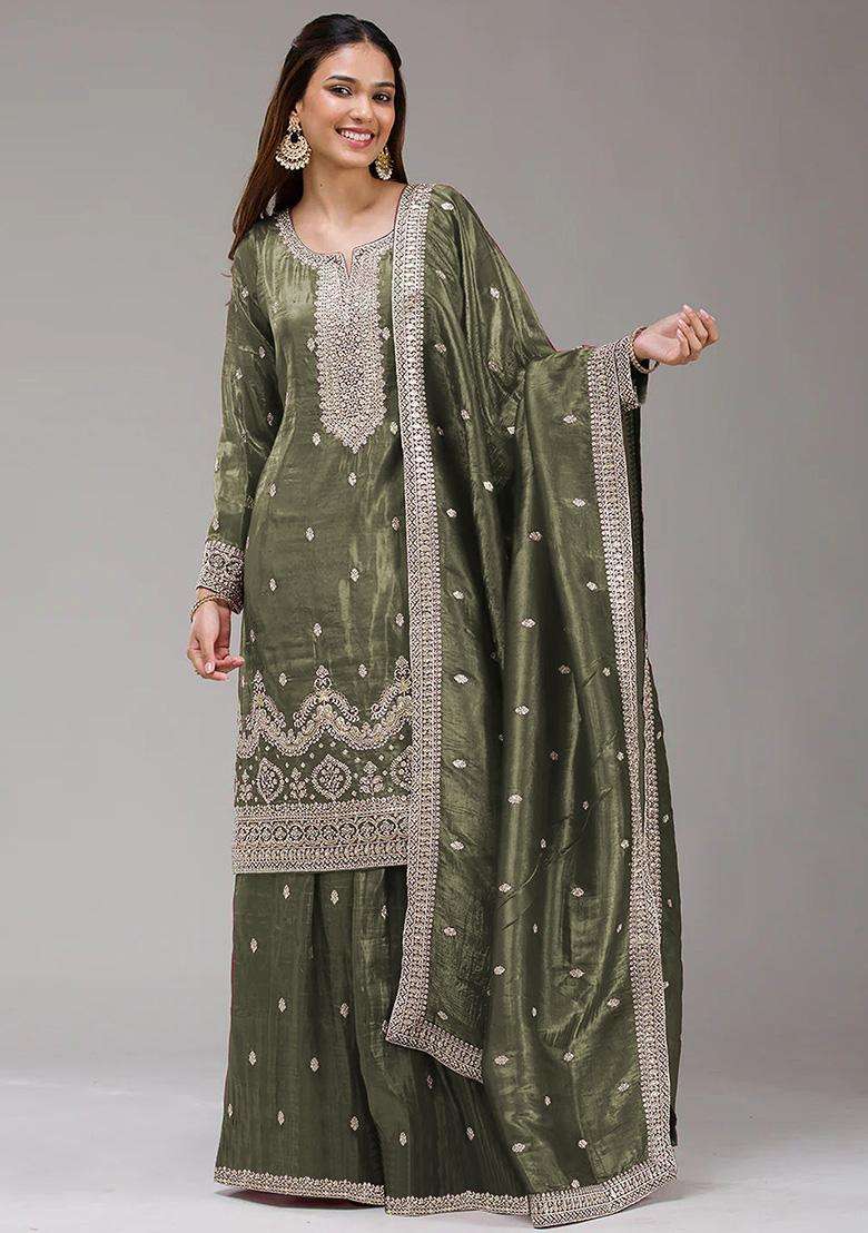 Olive Sequin Work Silk Palazzo Set - Indya