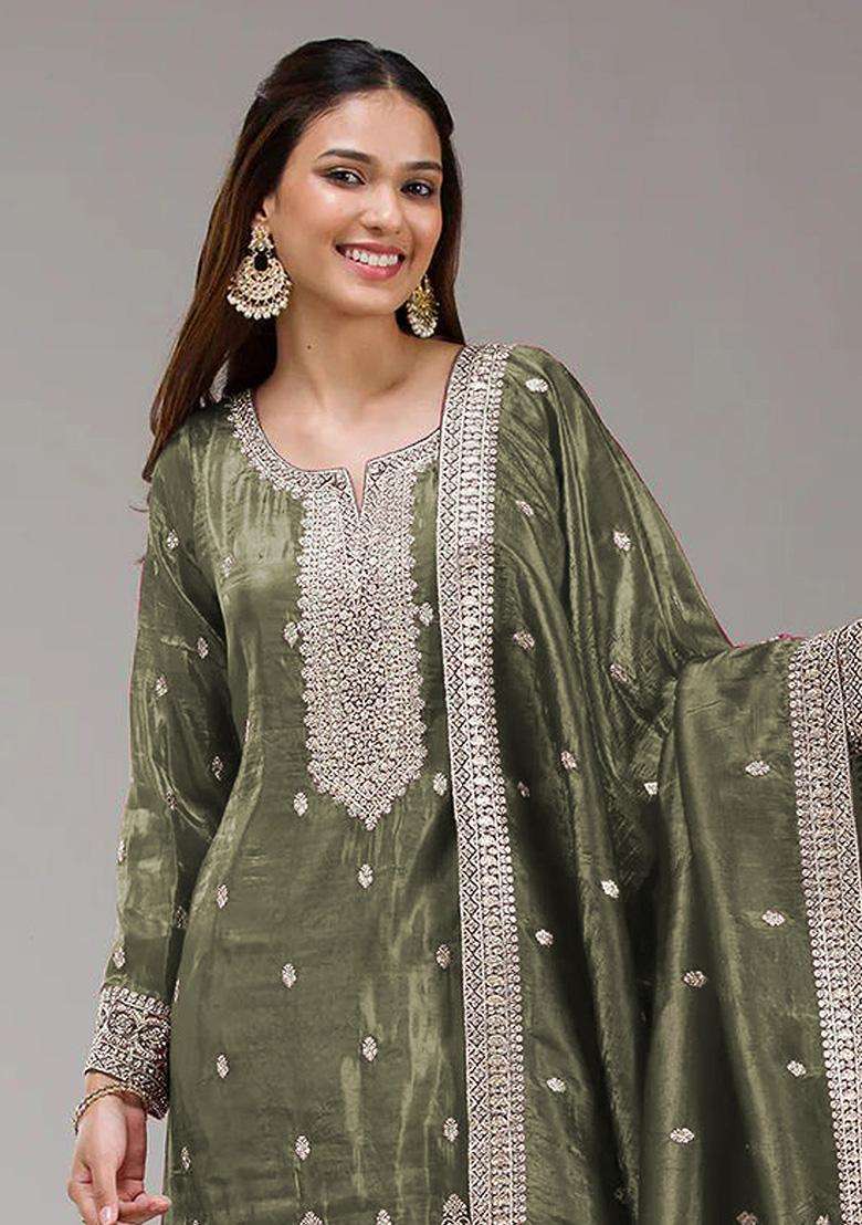 Olive Sequin Work Silk Palazzo Set - Indya