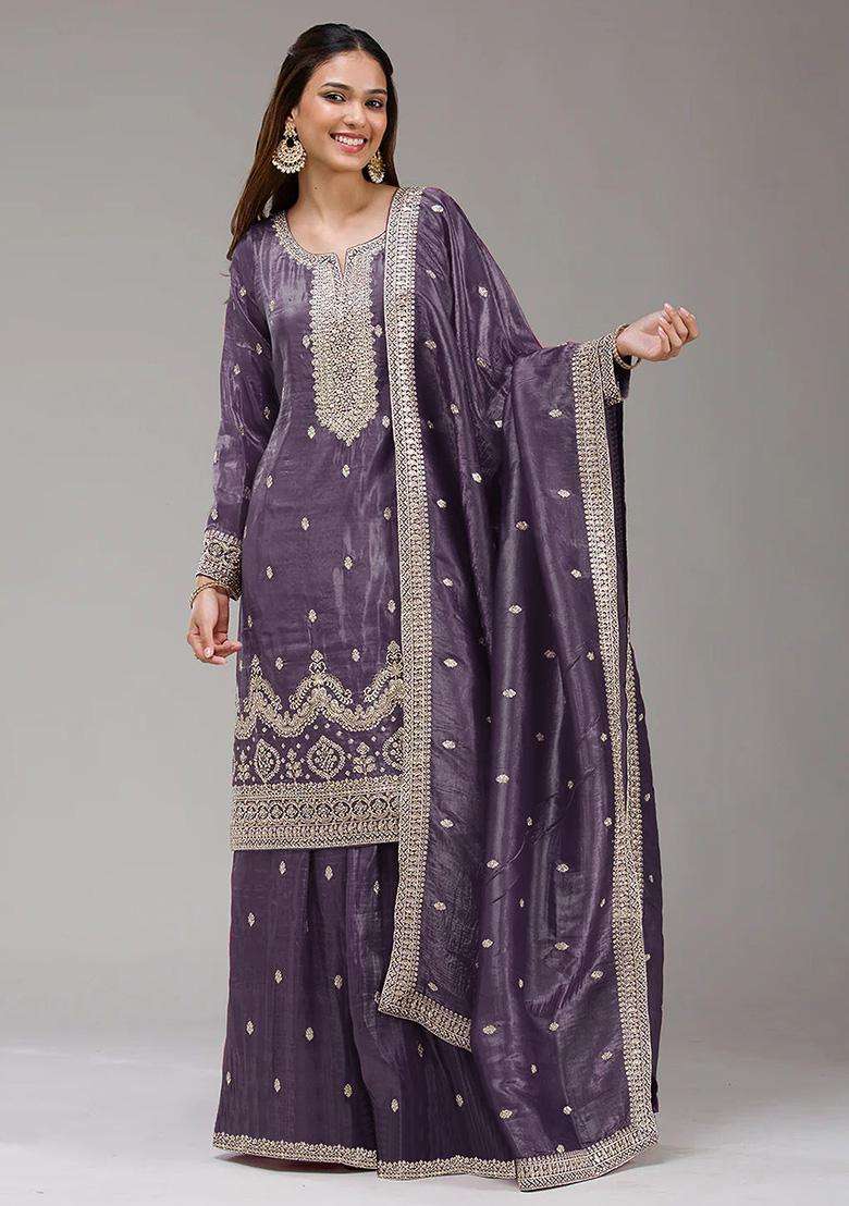 Dark Sequin Work Silk Palazzo Set - Indya