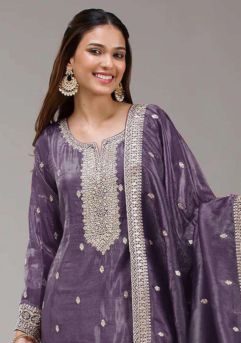 Dark Sequin Work Silk Palazzo Set - Indya