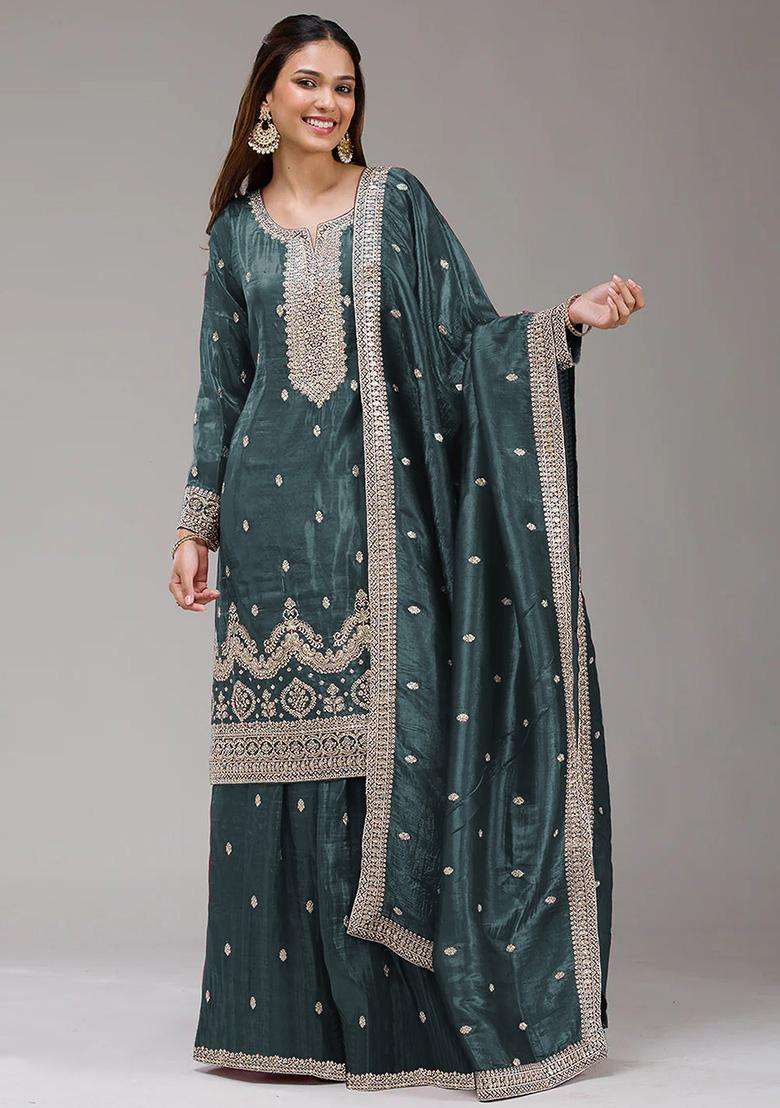 Dark Sequin Work Silk Palazzo Set - Indya